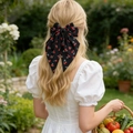 French style black bow hair clip with red cherry prints and long ribbon for women - Black Background Red Cherry Print / Black