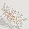 Elegante pettine per capelli da sposa dorato con foglie di strass e perle opache - Oro