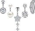 Detail of 5-piece belly ring set featuring sparkling cubic zirconia and white pearls - Pearl And Flower Style