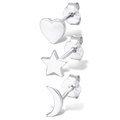 Macro detail of S925 sterling silver stud set with heart, star and moon shapes - Star Moon Heart Set / Silver