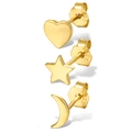 Three-piece gold S925 sterling silver earring set featuring heart star and moon shapes - Star Moon Heart Set / Gold