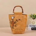 Washable Tyvek tote bag with bamboo handle, ginger yellow ink rabbit and bamboo prints - Mid-Autumn Style B (No Pendant)