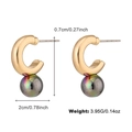 Classic C-shaped golden hoop earrings with dark iridescent pearl detail and size metrics - Gold Hoop With Iridescent Bead Style (DNXE07754)