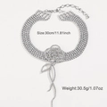 Silver tone choker necklace with rhinestone rose floral design and crystal tassels - Rose Tassel Style (DNXN05072-1)