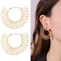 Detailed view of gold geometric hollow fan hoop earrings with model on-ear display - Radial Geometric Hollow Fan Style (NXE05211)