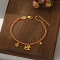 Braided red string bracelet with golden horse charm and pink zircon coin pendant - Pink Zirconia Coin Heart Style (SL90339)
