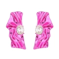 Cyberpunk metallic rose pink wrinkled earrings with sparkling oval crystal stone - Rose Red (NXE06175)