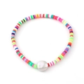 Close-up of colorful clay bead bracelet featuring a white natural baroque pearl accent - Colorful Single Pearl Clay Style (NCB00099)