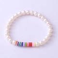Handmade bracelet with white pearls and colorful rainbow heishi clay beads - Full Pearl Decor Clay Style (NCB00100)