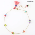 Bohemian colorful star pendant anklet with rainbow beads and pink tassel detail - Gold Star Tassel Jewelry (NCJ00280)