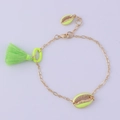 Gold chain bracelet featuring lime green shell charms and a vibrant green tassel - Gold Shell Tassel Bracelet (NCB00112-2)