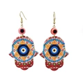 Detail von Hamsa-Ohrringen mit bedrucktem Acryl-Auge und bunten böhmischen Kunststoffperlen - Königsblau Bunt Stil 14