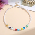 Bunte Evil Eye Perlenkette mit weißen Perlen und goldenem Karabinerverschluss Detail - Bunter Quadratischer Böser Blick Stil (Farbe 1)