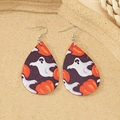 Detail of Halloween drop earrings featuring cartoon ghost and pumpkin prints on faux leather - Purple Web Ghost (Style-B)