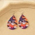 Detail view of drop-shaped faux leather earrings with Halloween pumpkin and skull prints - Skull Witch (Style-A)