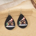 Detail of wooden teardrop earrings with hand-painted Santa and snowman Christmas motifs - Snowman Cabin Santa (6)