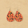 Close-up of teardrop faux leather earrings with Halloween pumpkin and bat patterns - Orange Pumpkin Bat (Style-D)