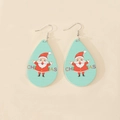 Detailed close-up of water drop wooden earrings featuring Santa Claus and Christmas text - Santa Claus and Greetings Style (2)