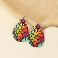 Detail view of water-drop PU leather earrings featuring colorful stained glass art patterns - Style H