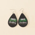 Detail view of teardrop wooden earrings with 2023 Family Christmas print and silver hooks - Family Christmas Style (1)