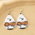 Halloween teardrop earrings featuring orange pumpkins and black bats on white PU leather - Style-A