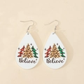 Detail of teardrop wooden earrings featuring leopard and plaid Christmas tree patterns - Leopard Print Christmas Tree Believe Style (8)