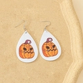 Double-sided PU leather teardrop earrings featuring spooky Halloween pumpkin designs - Orange Pumpkin Face (Style-E)