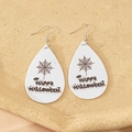 White teardrop PU leather earrings with black spider web and Happy Halloween text - Style-F