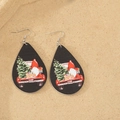 Waterdrop wooden earrings with Christmas gnome and red truck print on black base - Christmas Gnome Pickup Truck Style (4)