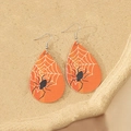 Halloween teardrop leather earrings featuring orange spider web and black spider print - Orange Spider Web Black Spider Style