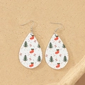 Christmas teardrop wooden earrings with white background and festive tree patterns - Christmas Tree and Stocking Style (7)