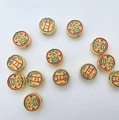 Macro detail of ancient gold alloy charms with colorful enamel Five Fortune Gods patterns - Five Fortune Gods Style / Gold Multicolor