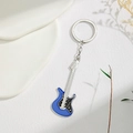 Blue enamel electric guitar keychain with silver alloy plating and metal ring charm - Blue