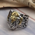 Herren Punk Tigerkopf Ring mit Goldakzenten und Vintage Silber Finish offenes Design - Dominanter Tigerkopf (Stil 1) / Gold und Silber Zweifarbig