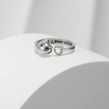 Adjustable silver ring featuring a cat head and heart with I Love You engraving - Cat Silver