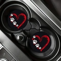 Close-up of two car coasters with red heart and paw prints inside vehicle cup holder - Red Heart Paw Print (Style 3)