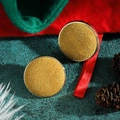 Macro shot of circular mustard yellow plush earrings with gold edges on festive background - Ginger Yellow Velvet (Style 10)