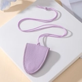 Close-up of a lilac leather bell-shaped magnetic key case with matching long necklace strap - Lavender