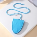 Close-up of sky blue leather clochette glasses holder necklace with refined stitching - Sky Blue