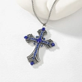 Retro punk cross pendant necklace with dark blue crystals on a silver box chain - Style 3 Silver