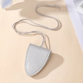 Detailed close-up of grey litchi grain leather glasses holder necklace with fine stitching - Silver Gray