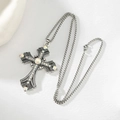 Vintage silver cross necklace with iridescent rhinestones and embossed details - Style 4 Silver