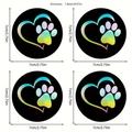 Set of four 7cm car coasters with holographic heart and paw print design on black - Holographic Heart Paw Print (Style 2)
