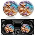 Set of 2 3D ocean wave beach theme car cup coasters with starfish and shell details - Ocean Beach 3D Stereoscopic (Style 6)