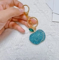 Sparkling blue rhinestone apple keychain with gold metal frame and green crystal leaf charm - Blue Apple Style / Blue (Color Two)