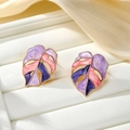 Fashionable monstera leaf stud earrings with purple and pink enamel in gold setting - Purple