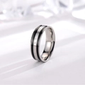 Detail of minimalist stainless steel ring featuring BE THE CHANGE motivational engraving - US 4 / Silver Tone & Black
