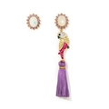 Macro detail of asymmetric colorful parrot earrings with long purple silk tassels and crystals - Parrot Style Purple Tassel (NCE01652)