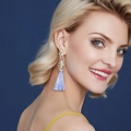 Elegant S925 silver long tassel parrot earrings with purple fringe worn by a model - Flower Style Light Purple Tassel (NCE01651)