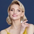 Colorful gemstone fringe earrings and green crystal rectangle ring on fashion model - Multi-color Gem White Tassel (NCE01653)
